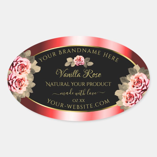 Stilvolle Black Red Product Labels Floral Niedlich Ovaler Aufkleber (Vorderseite)