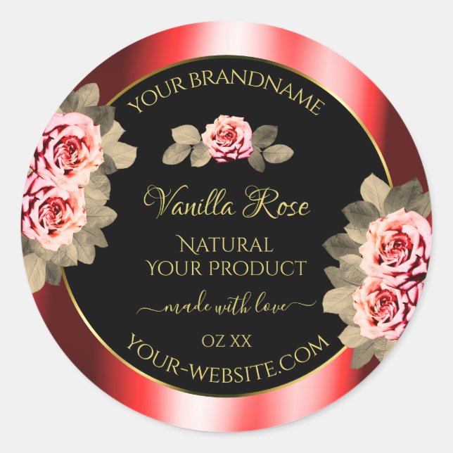 Stilvolle Black Red Product Labels Floral Niedlich Runder Aufkleber (Vorderseite)
