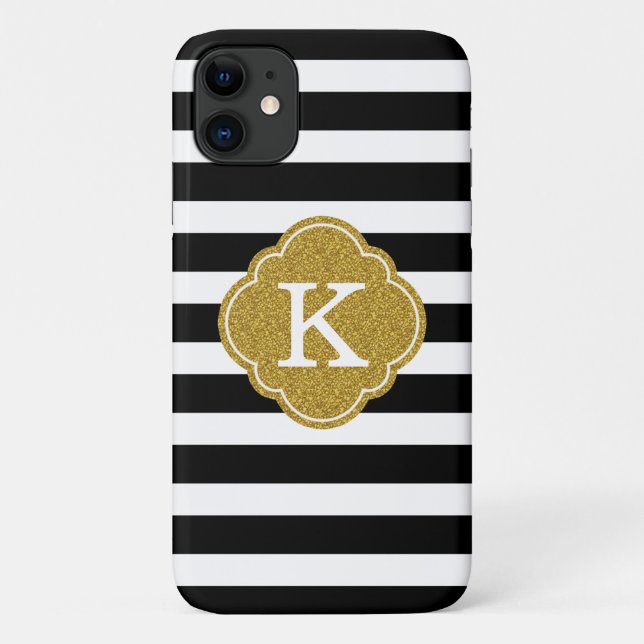 Stilvolle Black Stripes Gold Monogram Case-Mate iPhone Hülle (Rückseite)