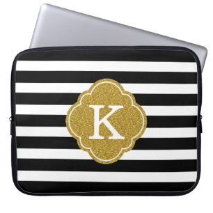Stilvolle Black Stripes Gold Monogram Laptopschutzhülle