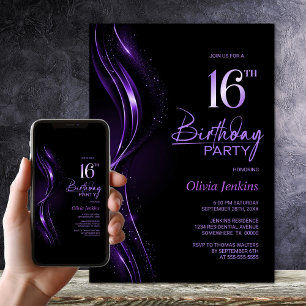 Stilvolle Black und Lila 16. Geburtstagsparty Einladung
