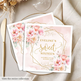 Stilvolle, blassrosa goldene Blume 16 . Geburtstag Serviette