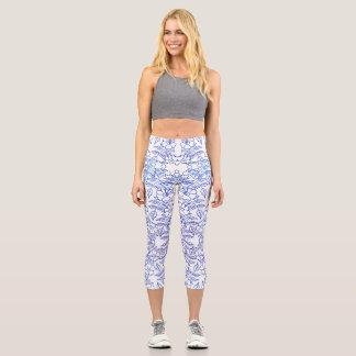 Stilvolle Blaue Blütenmuster Capri Leggings
