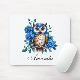 Stilvolle Blaue Eule und Rose Mousepad