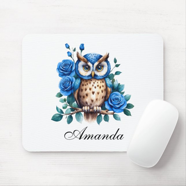 Stilvolle Blaue Eule und Rose Mousepad (Mit Mouse)