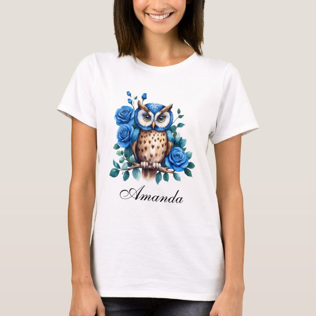 Stilvolle Blaue Eule und Rose T-Shirt (Vorderseite)