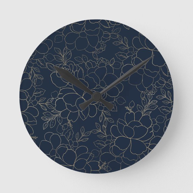 Stilvolle blaue Goldhandschuhe mit Blumen Runde Wanduhr (Vorderseite)