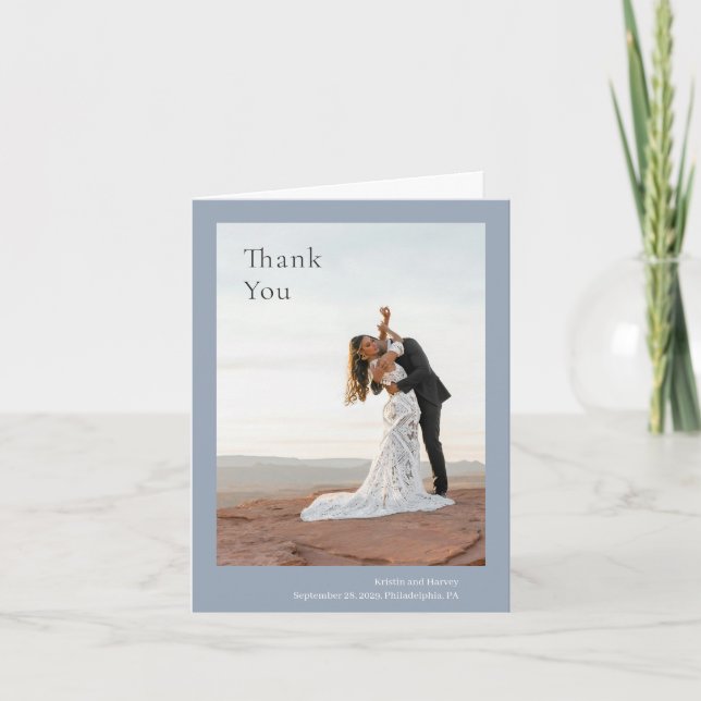 Stilvolle, blaue Hochzeit Dankeskarte (Vorderseite)