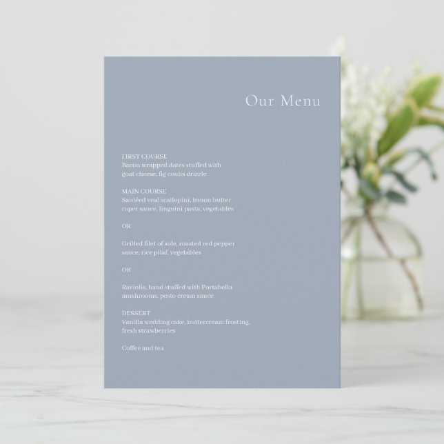 Stilvolle, blaue Hochzeit Menükarte (Stehend Vorderseite)