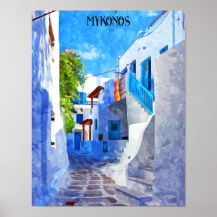 Stilvolle blaue Mykonos Griechenland Malerei Poster