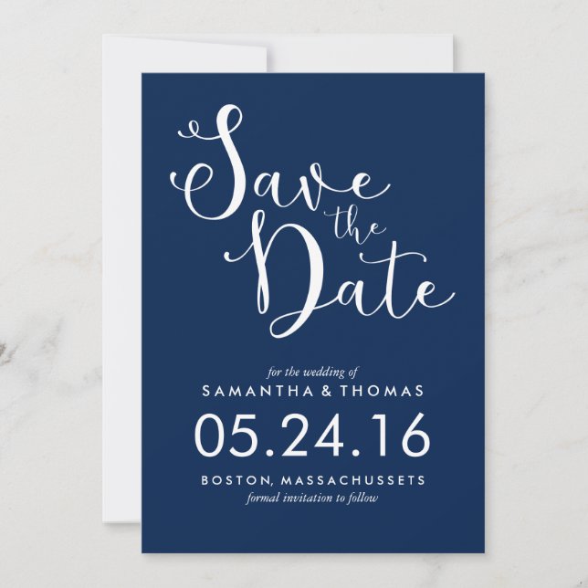 Stilvolle blaue Skriptereien speichern das Datum Save The Date (Vorderseite)