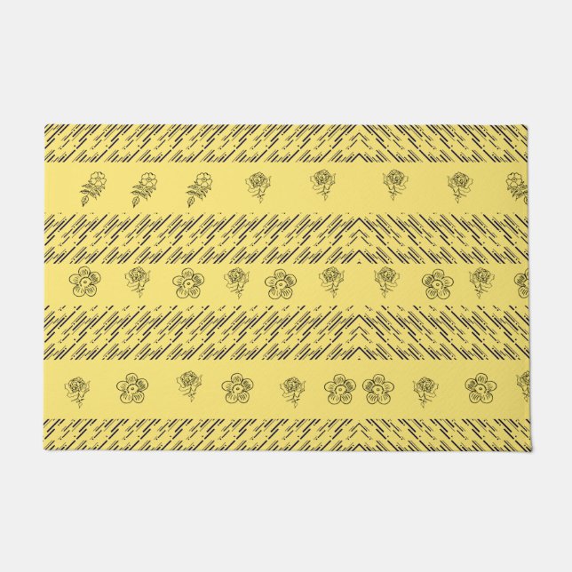 Stilvolle blaue Streifen und Blumendruck auf gelb Fußmatte (Vorderseite)