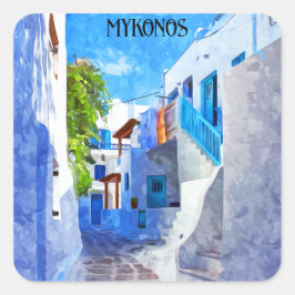 Stilvolle Blaue Weiße Mykonos Griechenland Wasserf Quadratischer Aufkleber