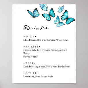 Stilvolle Blauschmetterlinge Hochzeit Drinks Menü  Poster