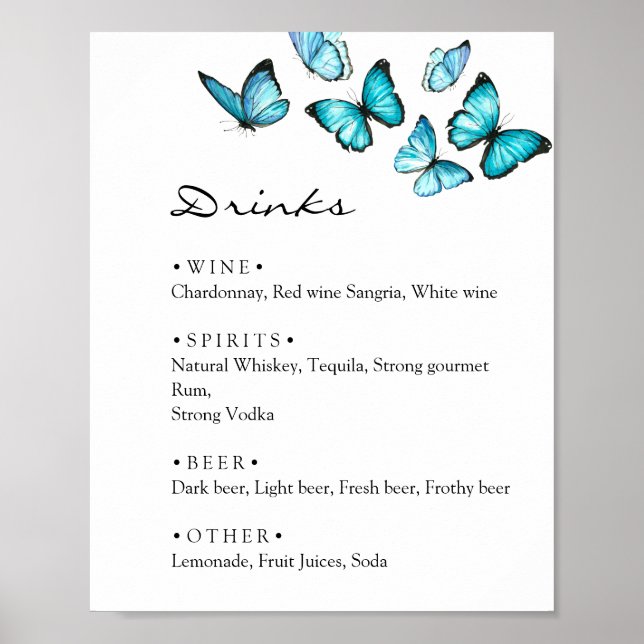 Stilvolle Blauschmetterlinge Hochzeit Drinks Menü  Poster (Vorne)