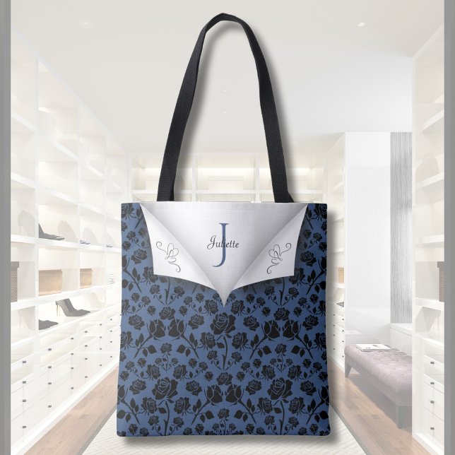 Stilvolle Blue Floral Mit Monogramm Tote Bag (Stylish Blue Floral Monogrammed Tote Bag)