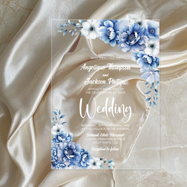 Stilvolle Blue Floral Wedding Acryleinladungen (Von Creator hochgeladen)