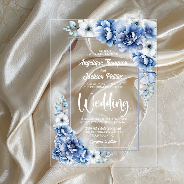 Stilvolle Blue Floral Wedding Acryleinladungen (Von Creator hochgeladen)