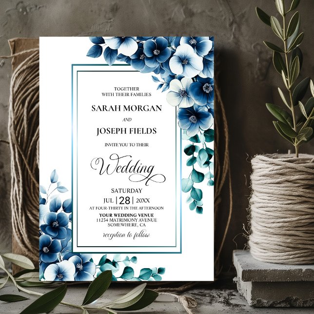 Stilvolle Blue Floral Wedding Einladung (Von Creator hochgeladen)