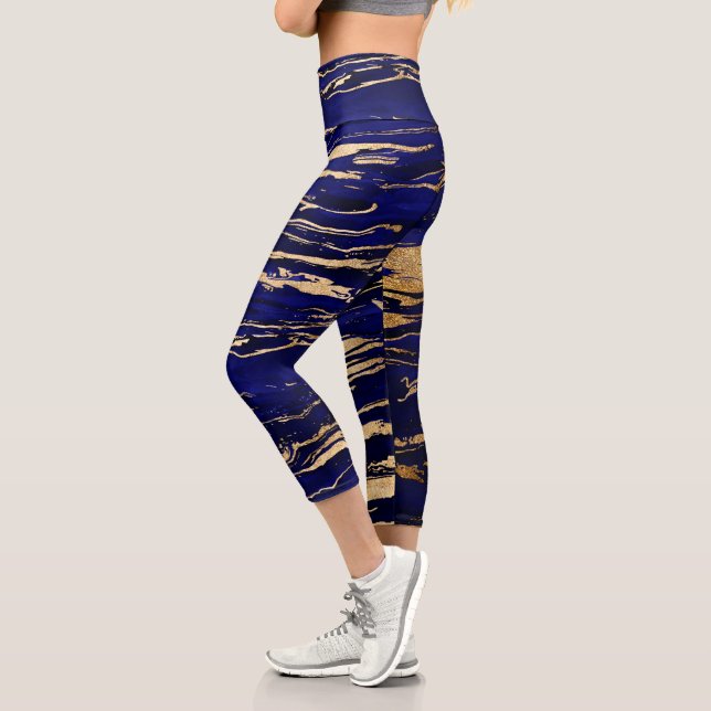 Stilvolle Blue Gold Abstrakt Marble Capri Leggings (Links)