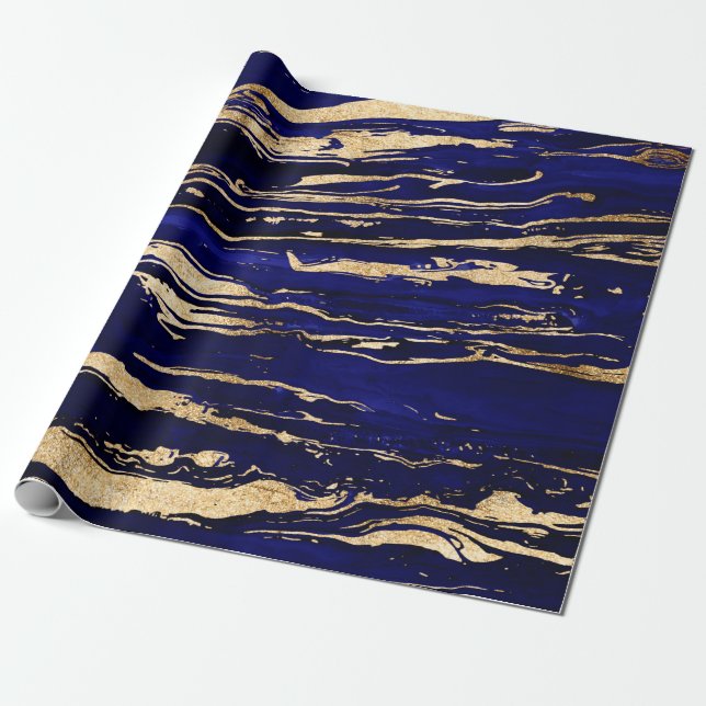 Stilvolle Blue Gold Abstrakt Marble Geschenkpapier (Ungerollt)