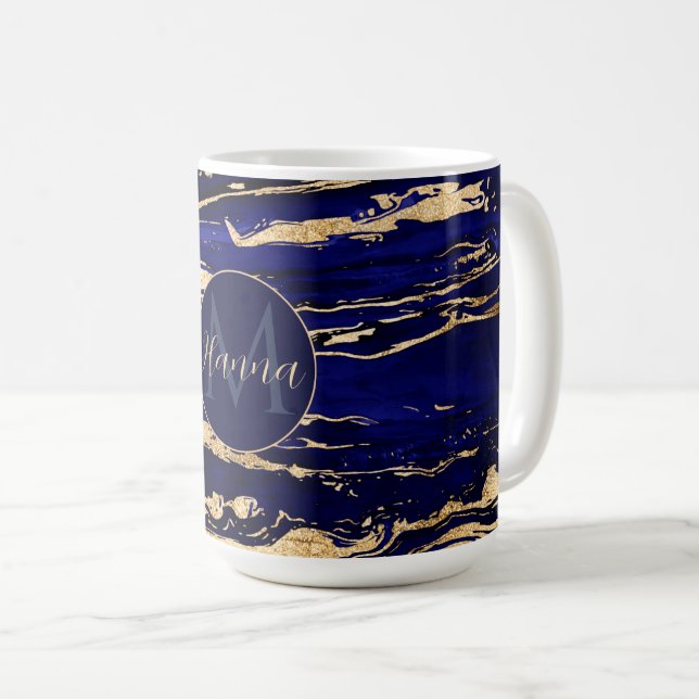 Stilvolle Blue Gold Abstrakt Marble Kaffeetasse (VorderseiteRechts)