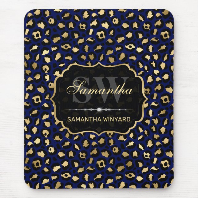 Stilvolle Blue & Gold Foil Leopard Spots Monogram Mousepad (Vorne)
