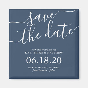 Stilvolle Blue Script Wedding Save the Date Magnet