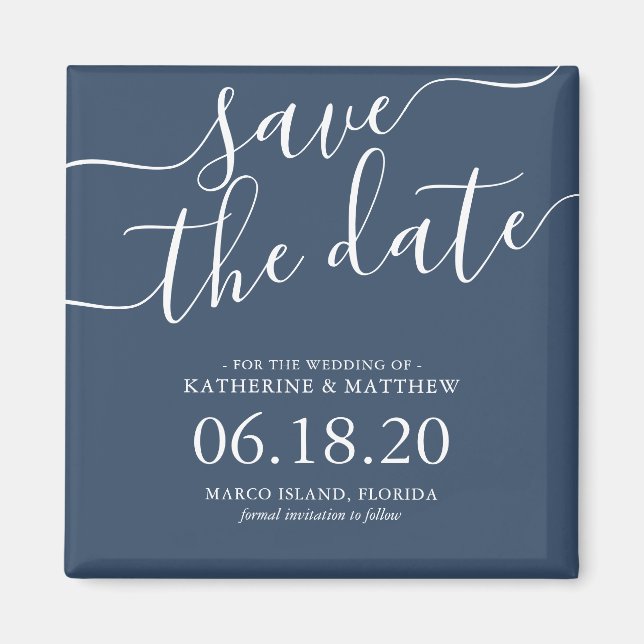 Stilvolle Blue Script Wedding Save the Date Magnet (Vorne)