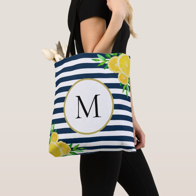 Stilvolle Blue White Stripes Summer Lemon Monogram (Von Nahem)