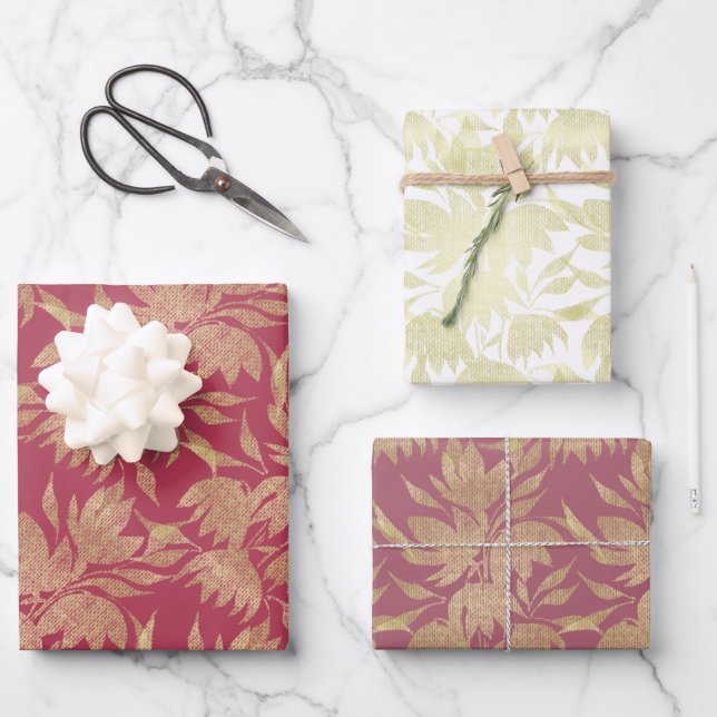 Stilvolle Blume Art Deco Burgund Geschenkpapier Set (Vorderseite)
