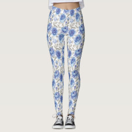 Stilvolle Blume Blau und Grau Botanisches Muster Leggings
