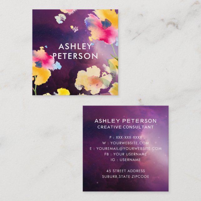 Stilvolle Blume der modernen Wasserfarben Botanisc Quadratische Visitenkarte (Vorne/Hinten)