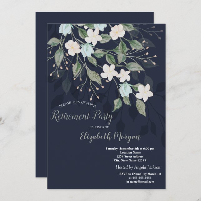 Stilvolle Blume Navy Blue Retirement Einladung (Vorne/Hinten)