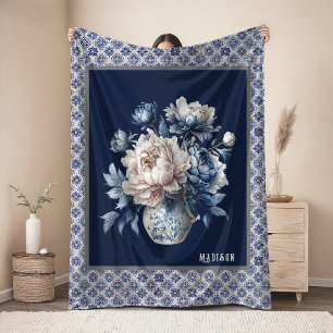 Stilvolle Blumen-Vase Blaue Chinoiserie-Monogramm Fleecedecke