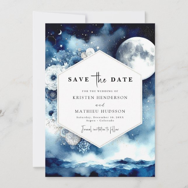 Stilvolle Blumenfeier Moonlit Save The Date (Vorderseite)