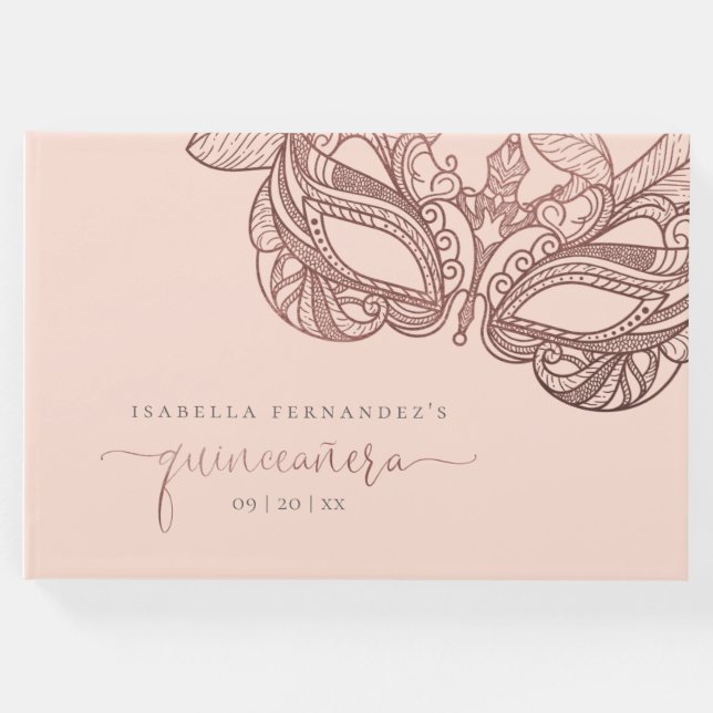 Stilvolle Blush & Rose Gold Masquerade Quinceañera Gästebuch (Vorderseite)
