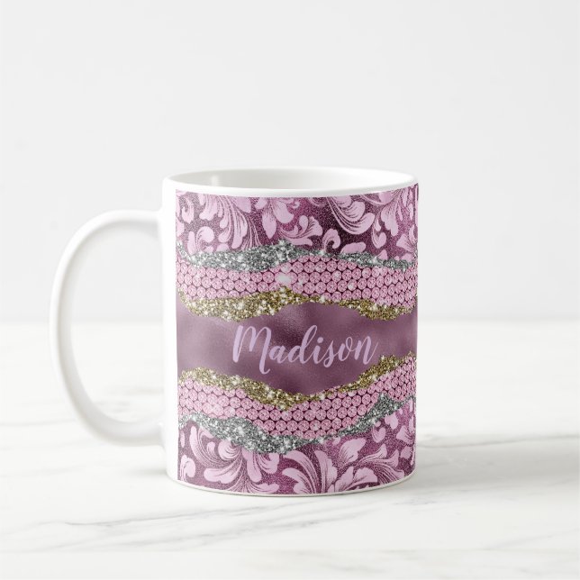 Stilvolle Blütenglanz, Lila rosa Goldmonogramm Kaffeetasse (Links)