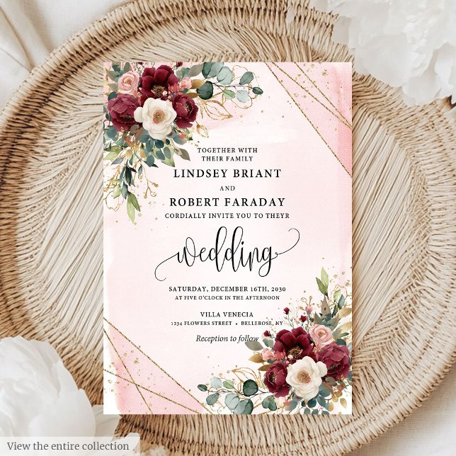 Stilvolle Boho Deep Red Blush Blume Hochzeit Einladung (Stylish Boho Deep Red Gold Blush Flowers Wedding Invitation)