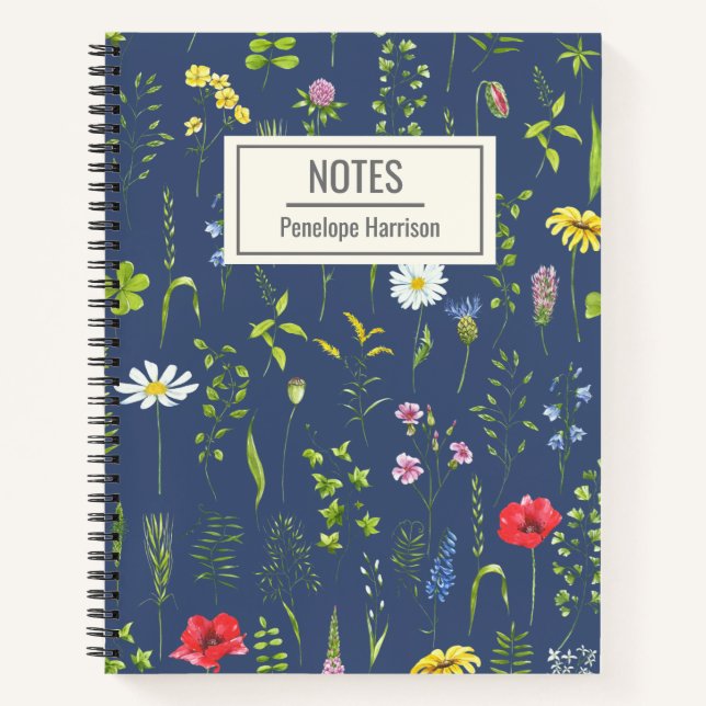 Stilvolle Boho Wildblumen Floral Blue Personalisie Notizbuch (Vorderseite)