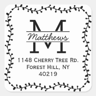 Stilvolle Botanische Grenze Custom Monogram Quadratischer Aufkleber