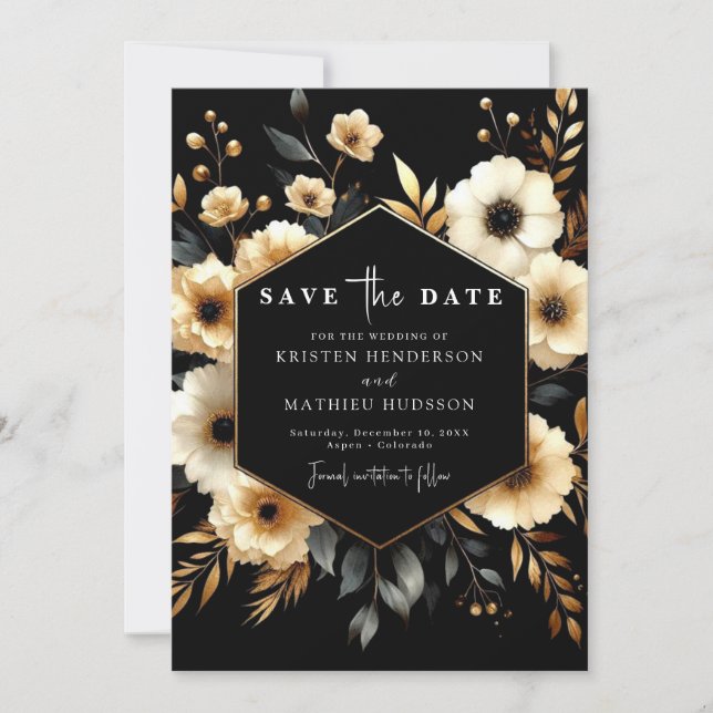 Stilvolle Botanische Hochzeit mit Gold und Black W Save The Date (Vorderseite)