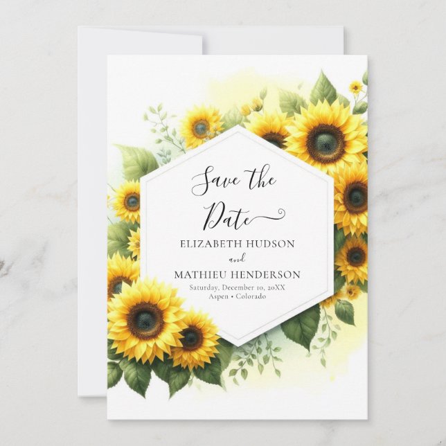 Stilvolle Botanische Sonnenblumenhochzeit Save The Date (Vorderseite)