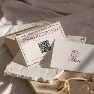 Stilvolle burgunderfarbene Floral Old Money QR-Cod RSVP Karte