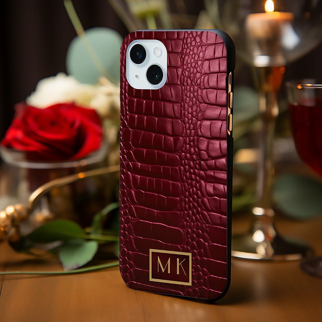 Stilvolle Burgundy Crocodile Leather Look Monogram Case-Mate iPhone Hülle (urgundy Crocodile iPhone Case, Personalized Monogram Leather Cover, Chic Monogrammed Crocodile Case,)