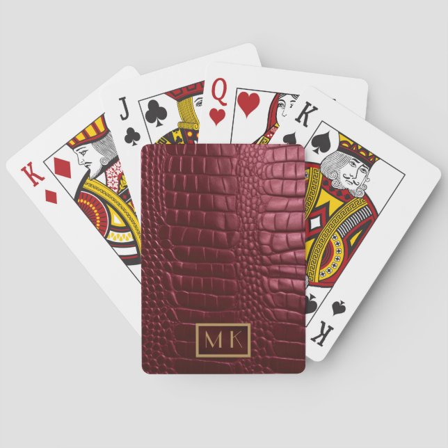 Stilvolle Burgundy Crocodile Leather Look Monogram Spielkarten (Rückseite)