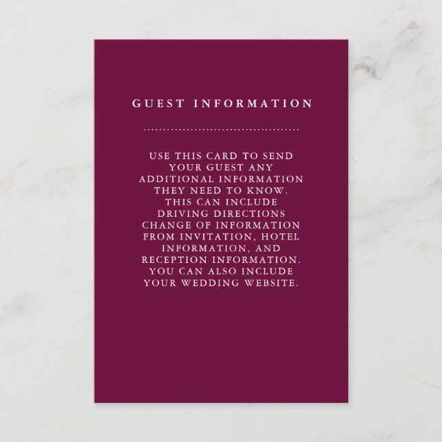 Stilvolle Burgundy Wedding Guest Information Card Begleitkarte (Vorderseite)