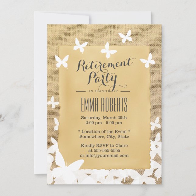 Stilvolle Butterflies Burlap-Rente Einladung (Vorderseite)