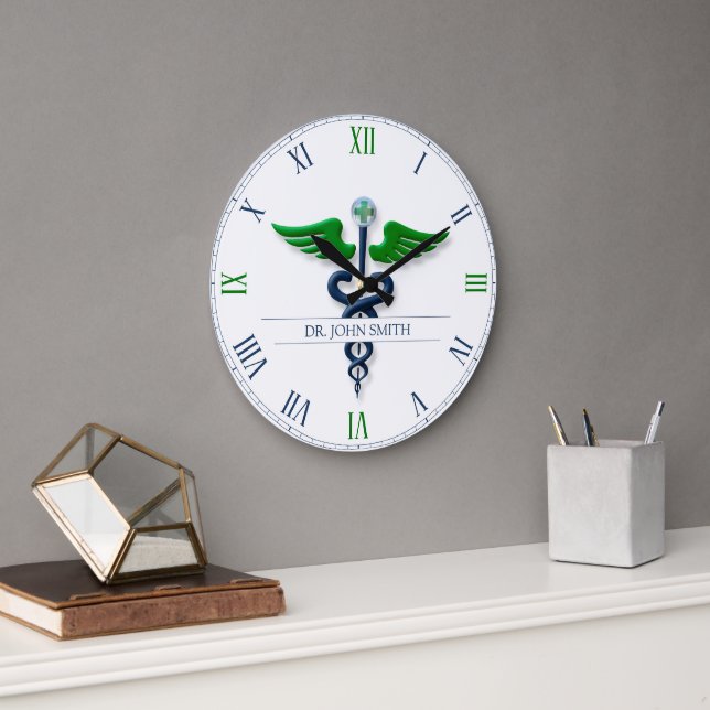 Stilvolle Caduceus Green Wings Cross Blue Medical Große Wanduhr (Büro)