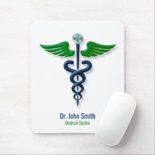 Stilvolle Caduceus Green Wings Cross Blue Medical Mousepad